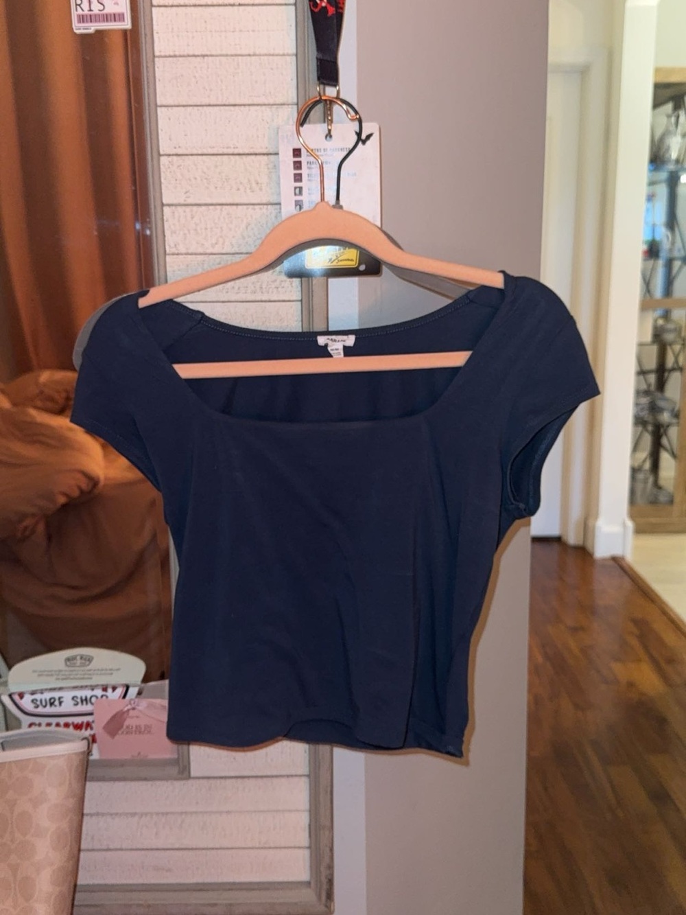 Garage Navy Square-Neck Short Sleeve Crop Top